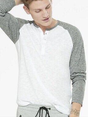 EXPRESS Cotton Blend Henley Long Sleeve Mens Top White Gray EUC Large